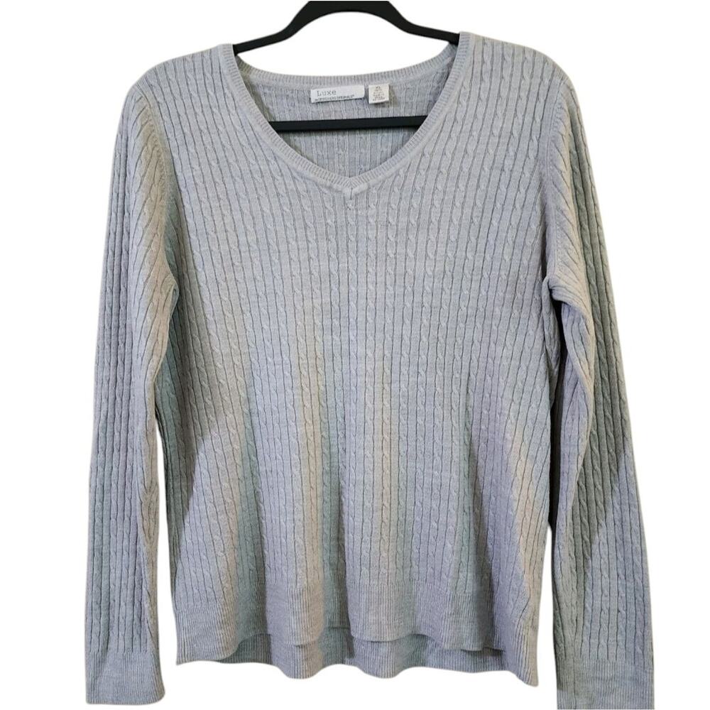 Luxe 360 Womens V-Neck Cable Knit Sweater Size XL Gray Long Sleeve Lightweight